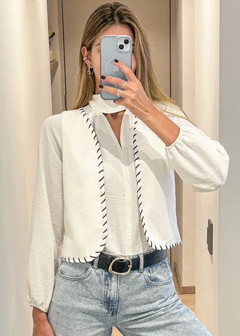 Chaleco abierto con entrelazado decorativo en contraste color blanco, marfil para mujer - Flashy