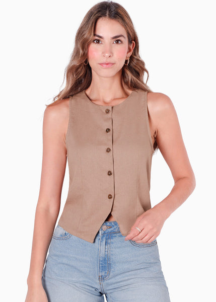 Chaleco con botones tipo sastre con cuello redondo color café para mujer - Flashy
