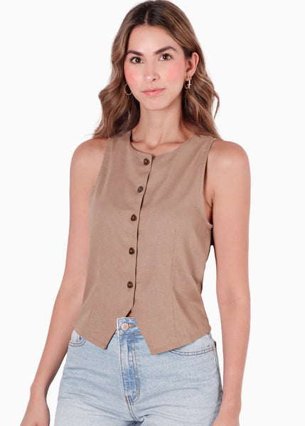 Chaleco con botones tipo sastre con cuello redondo color café para mujer - Flashy