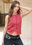 Chaleco con botones tipo sastre con cuello redondo y botones dorados color vino para mujer - Flashy