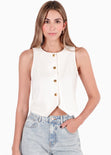 Chaleco con botones tipo sastre con cuello redondo y botones dorados color blanco, marfil para mujer - Flashy