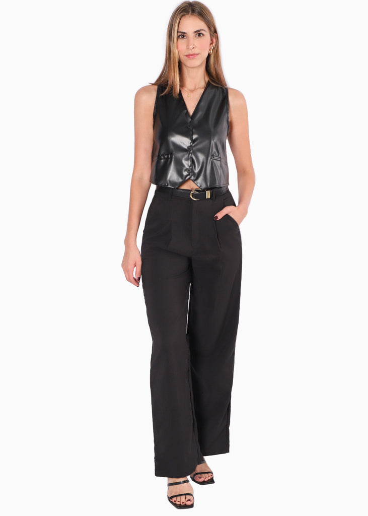 Chaleco con botones y efecto cuero color negro para mujer - Flashy