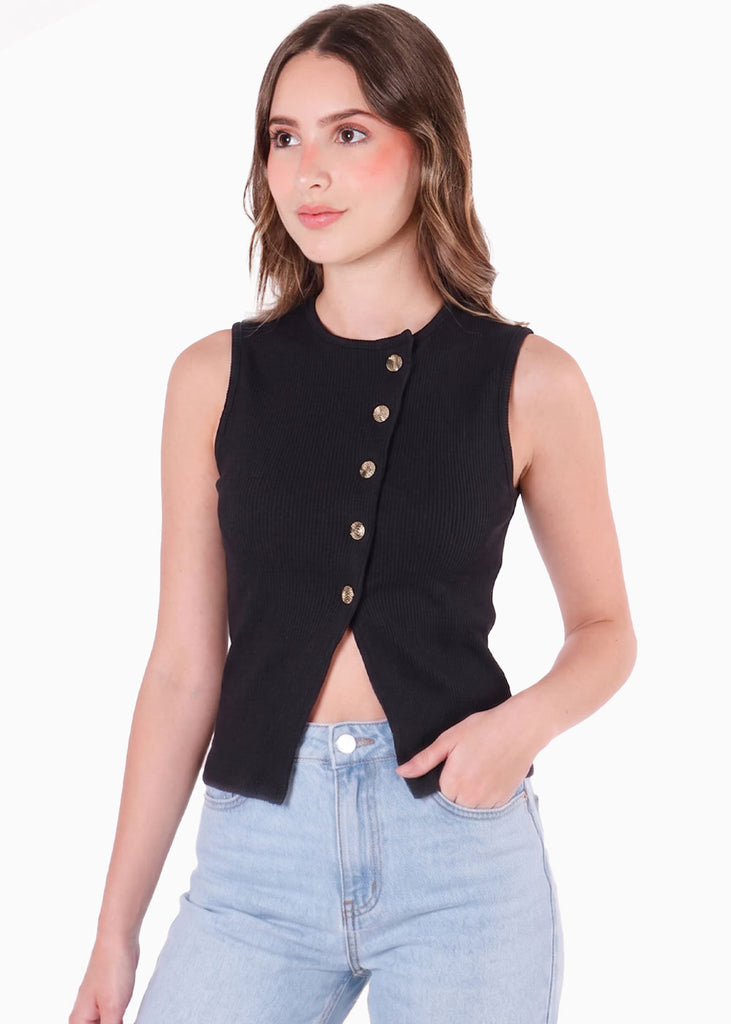 Chaleco con perilla cruzada y botones dorados - VILLAREAL.NEGRO