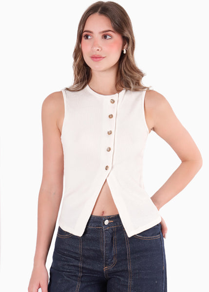 Chaleco con perilla cruzada y botones dorados color marfil, blanco para mujer - Flashy