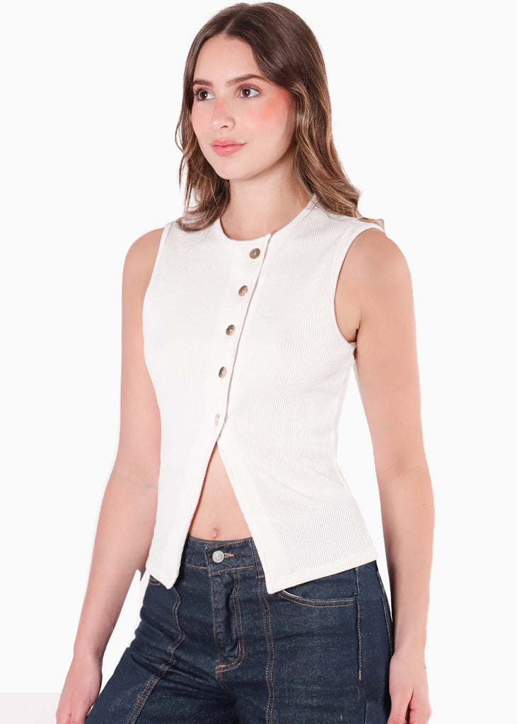 Chaleco con perilla cruzada y botones dorados color marfil, blanco para mujer - Flashy