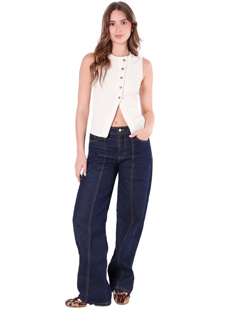 Chaleco con perilla cruzada y botones dorados color marfil, blanco para mujer - Flashy