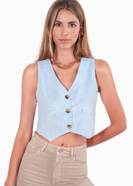 Chaleco corto de corduroy tipo sastre y con botones color azul para mujer - Flashy