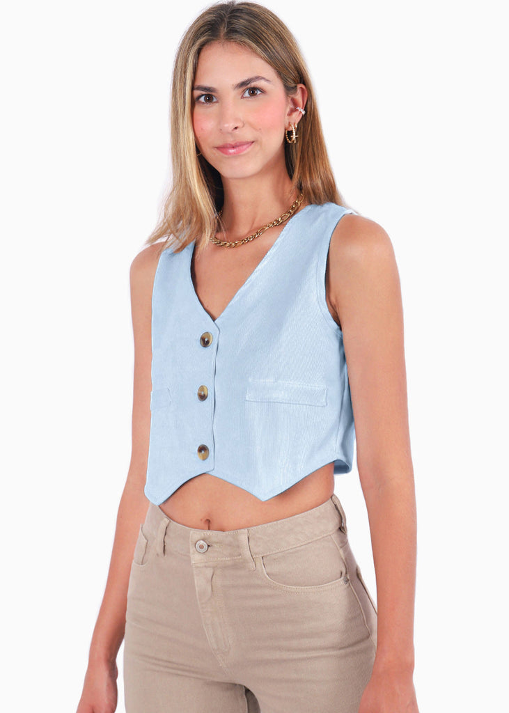 Chaleco corto de corduroy tipo sastre y con botones color azul para mujer - Flashy