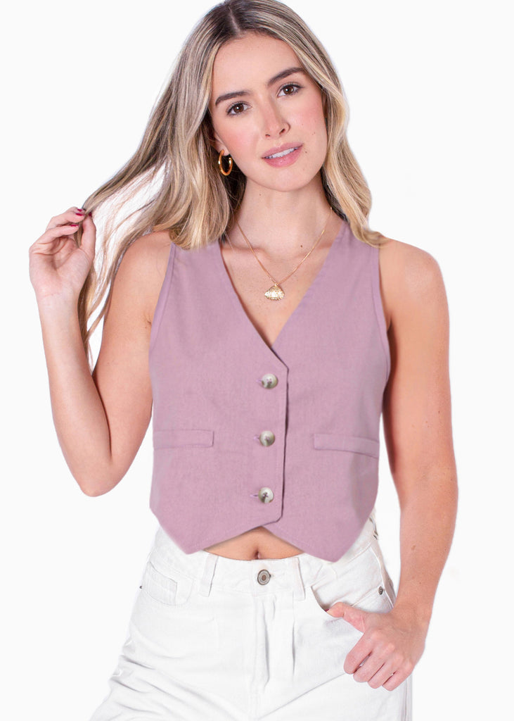 Chaleco tipo sastre corto de lino con botones color morado para mujer - Flashy