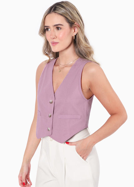 Chaleco tipo sastre corto de lino con botones color morado para mujer - Flashy