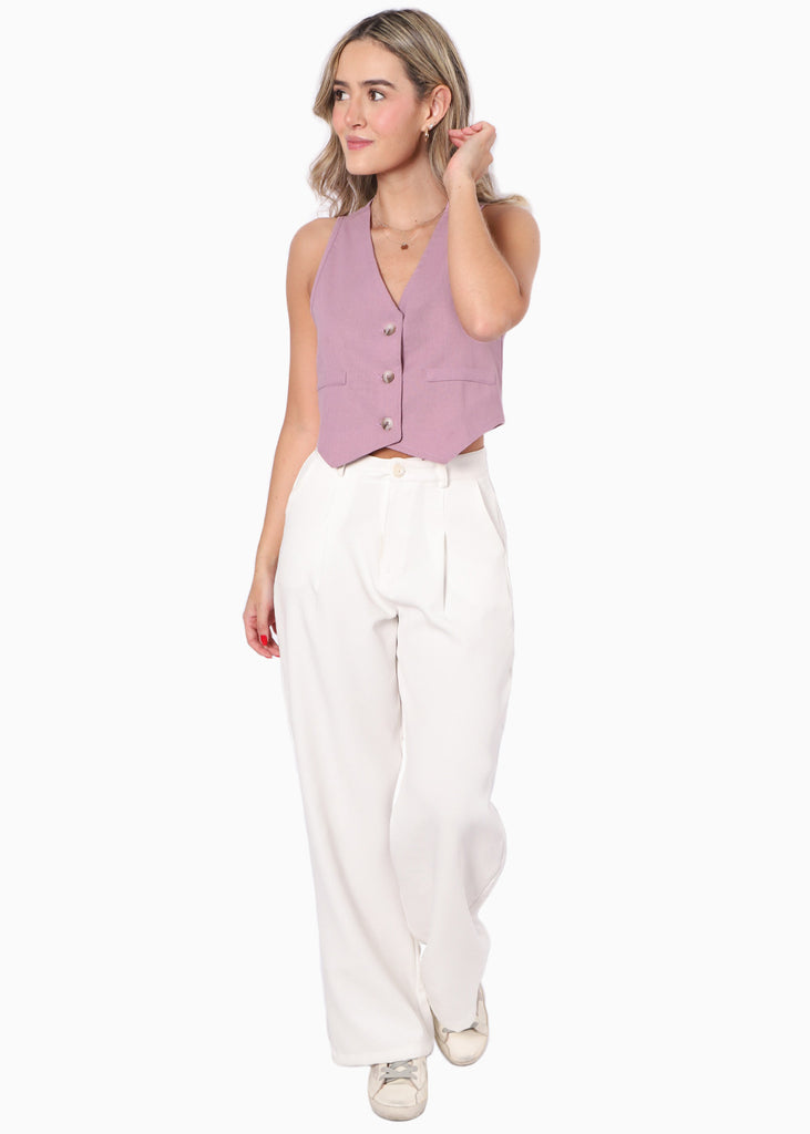 Chaleco tipo sastre corto de lino con botones color morado para mujer - Flashy