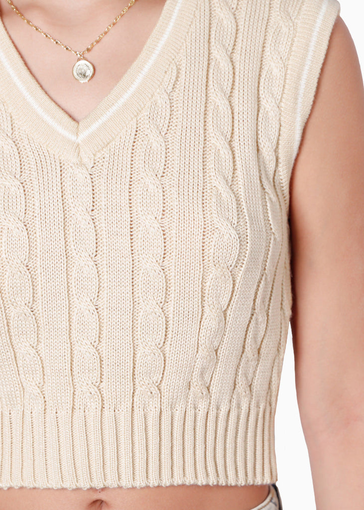 Chaleco corto tejido con sesgos en contraste color beige para mujer - Flashy
