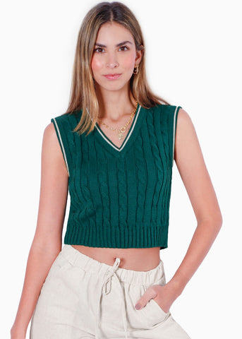 Chaleco corto tejido con sesgos en contraste color verde para mujer - Flashy
