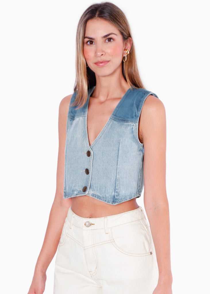 Chaleco de jean con botones color azul para mujer - Flashy