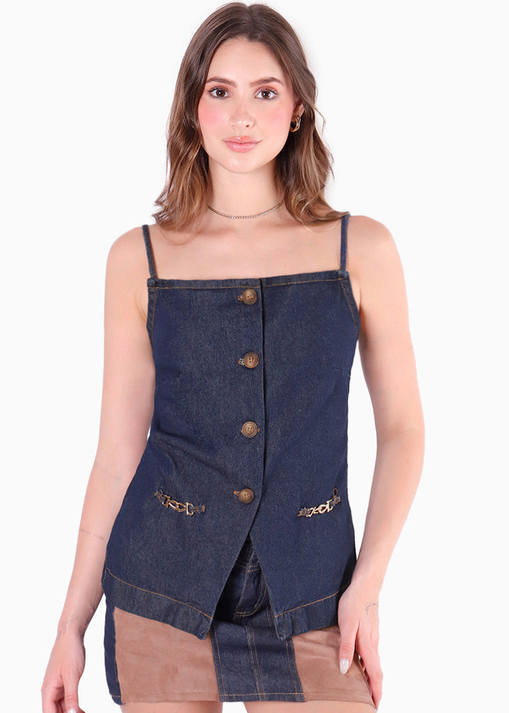 Chaleco halter largo color azul para mujer - Flashy