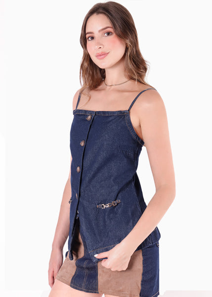 Chaleco halter largo color azul para mujer - Flashy