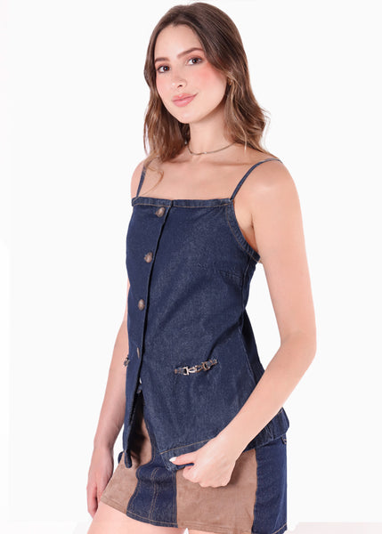 Chaleco halter largo color azul para mujer - Flashy