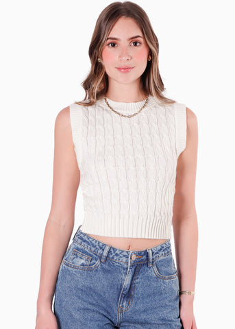 Chaleco tejido cuello redondo color blanco, marfil para mujer - Flashy