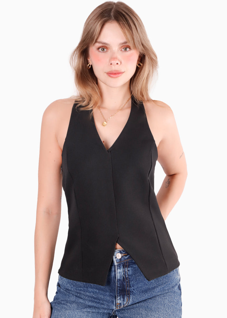 Chaleco tipo halter color negro para mujer - Flashy