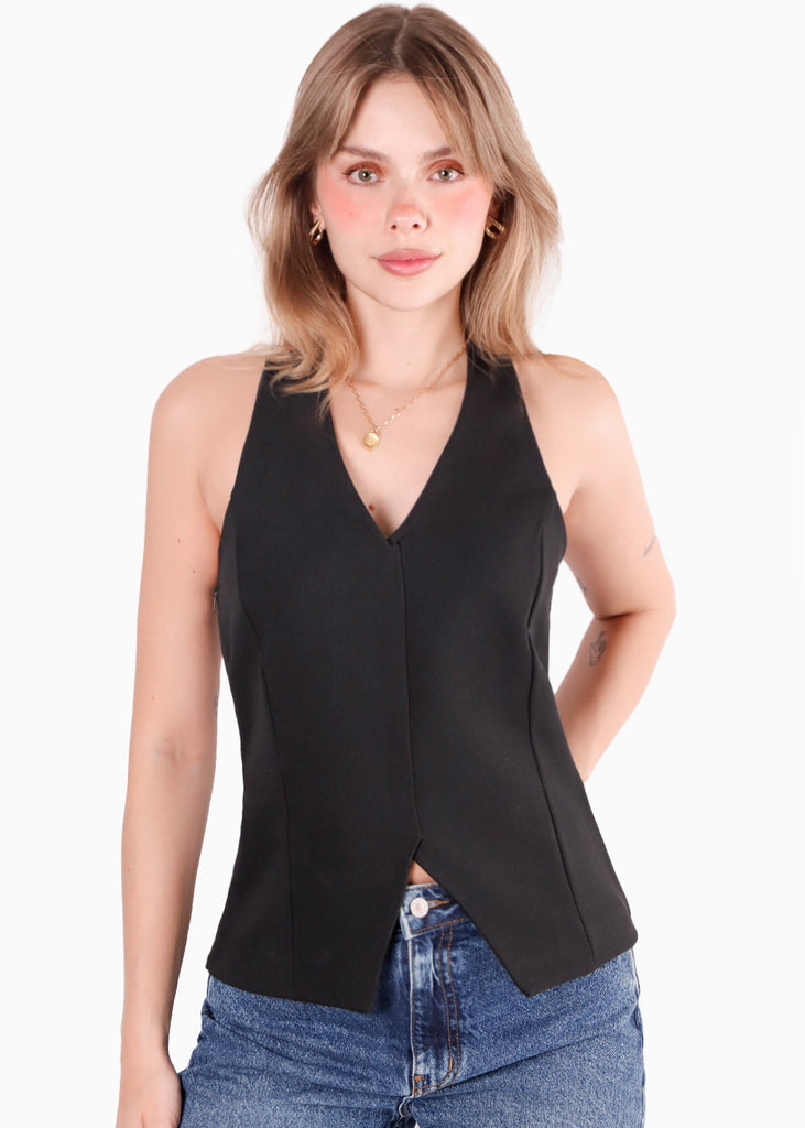 Chaleco tipo halter color negro para mujer - Flashy