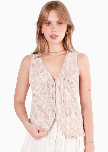 Chaleco tipo sastre con botones y de ojalillo color beige para mujer - Flashy