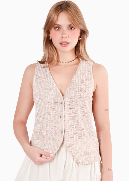 Chaleco tipo sastre con botones y de ojalillo color beige para mujer - Flashy
