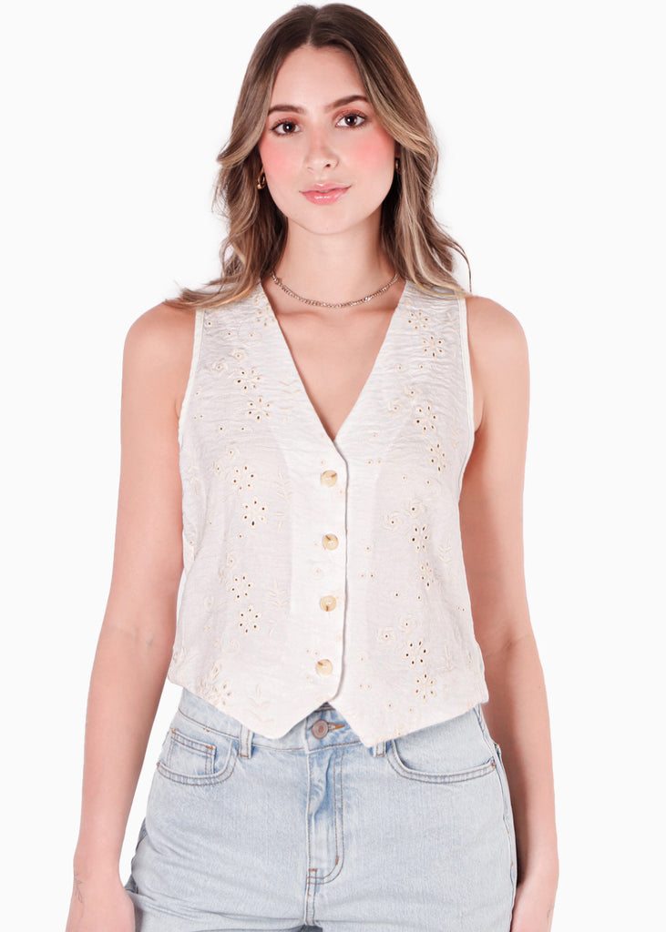 Chaleco tipo sastre con botones y de ojalillo color blanco, marfil para mujer - Flashy