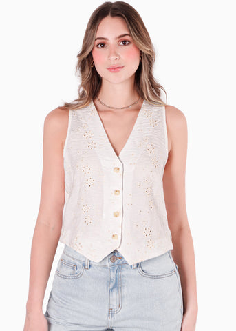Chaleco tipo sastre con botones y de ojalillo color blanco, marfil para mujer - Flashy