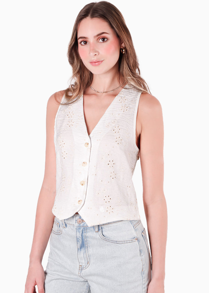 Chaleco tipo sastre con botones y de ojalillo color blanco, marfil para mujer - Flashy