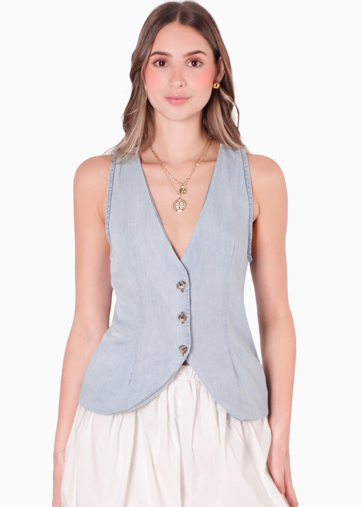 Chaleco tipo sastre con escote en V color azul para mujer - Flashy