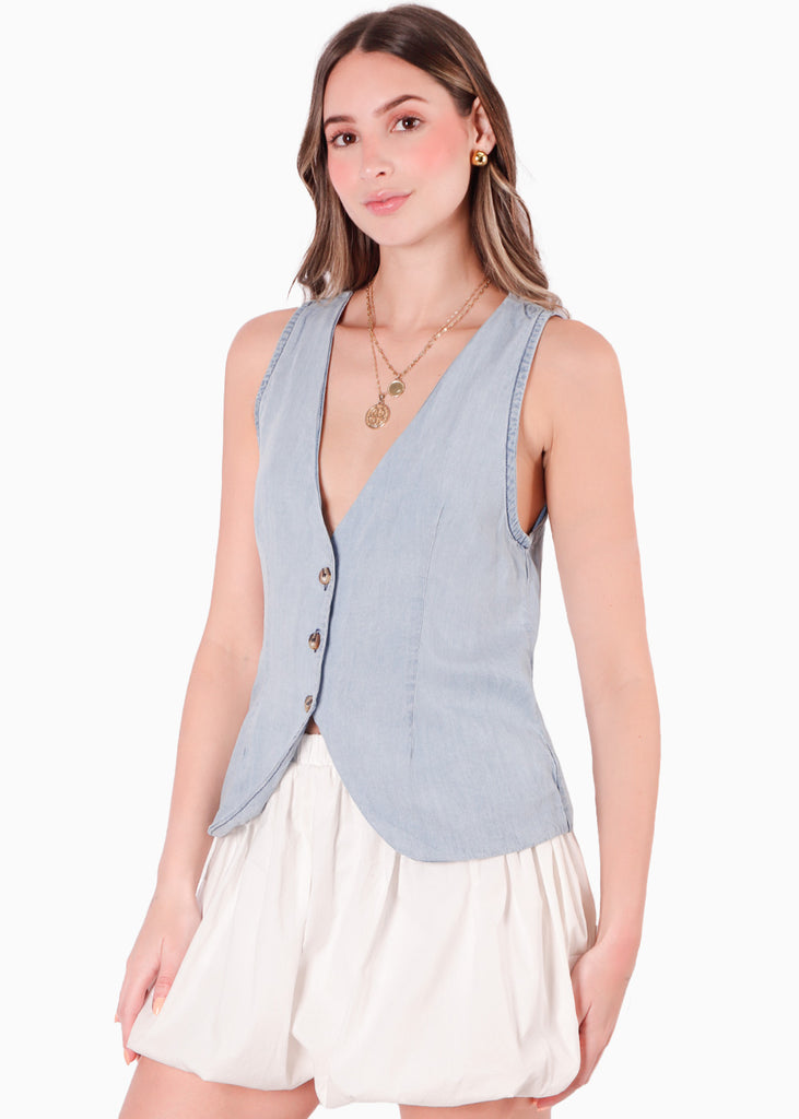 Chaleco tipo sastre con escote en V color azul para mujer - Flashy