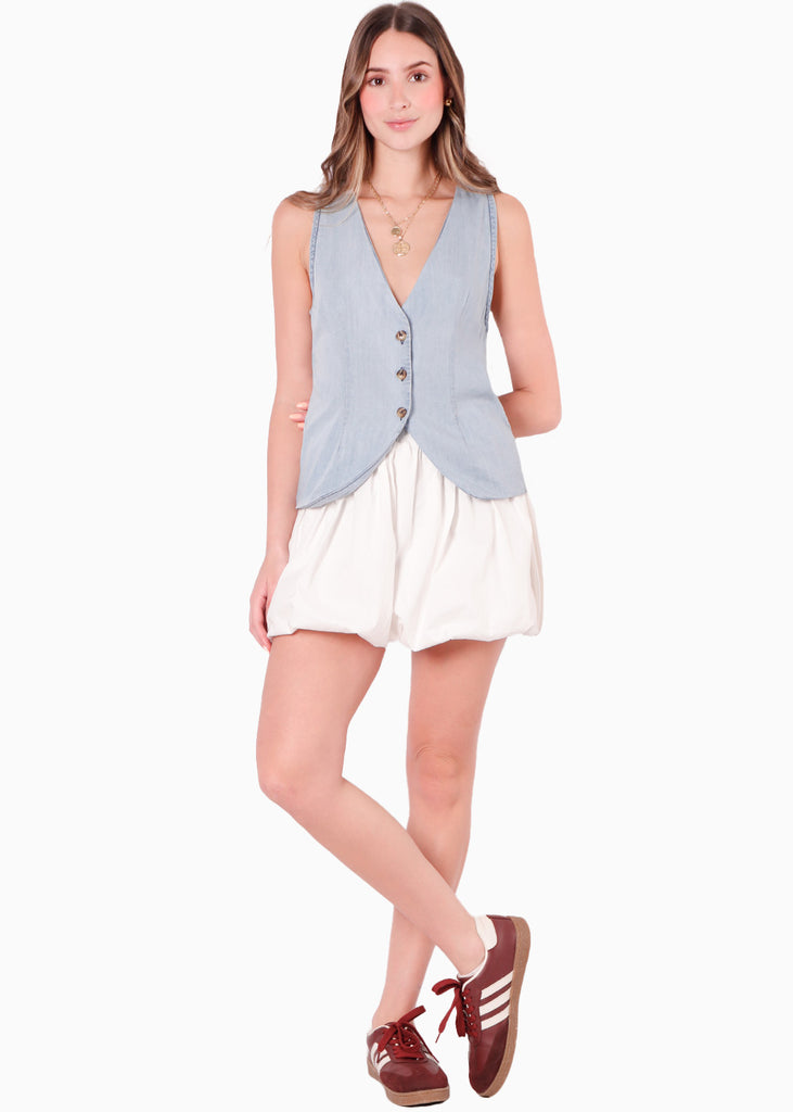 Chaleco tipo sastre con escote en V color azul para mujer - Flashy