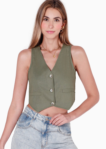 Chaleco tipo sastre corto de lino con botones color verde para mujer - Flashy
