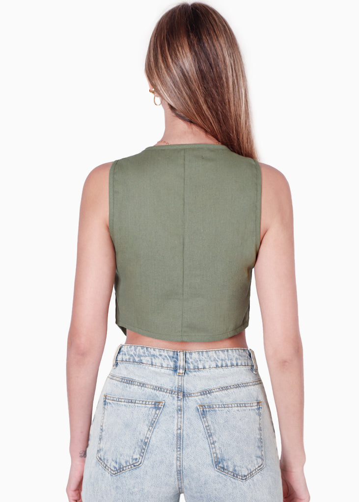 Chaleco tipo sastre corto de lino con botones color verde para mujer - Flashy