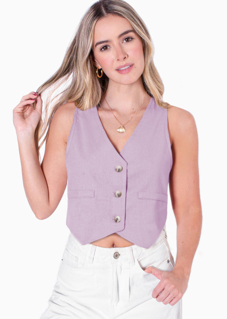 Chaleco tipo sastre corto de lino con botones color lila para mujer - Flashy