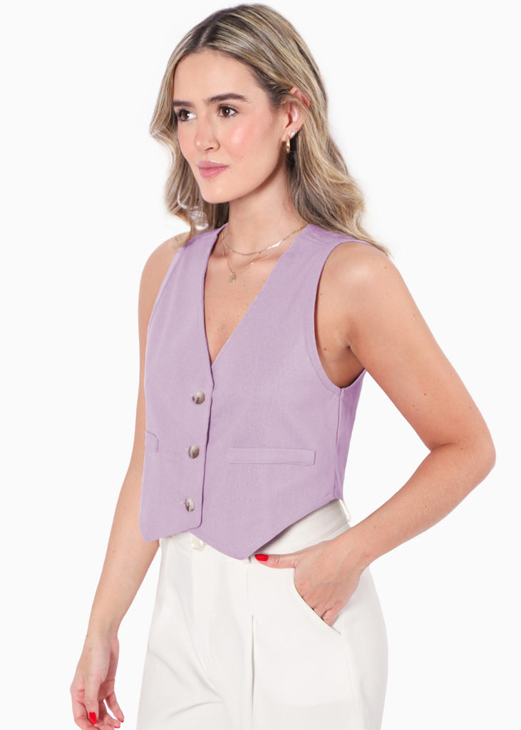 Chaleco tipo sastre corto de lino con botones color lila para mujer - Flashy