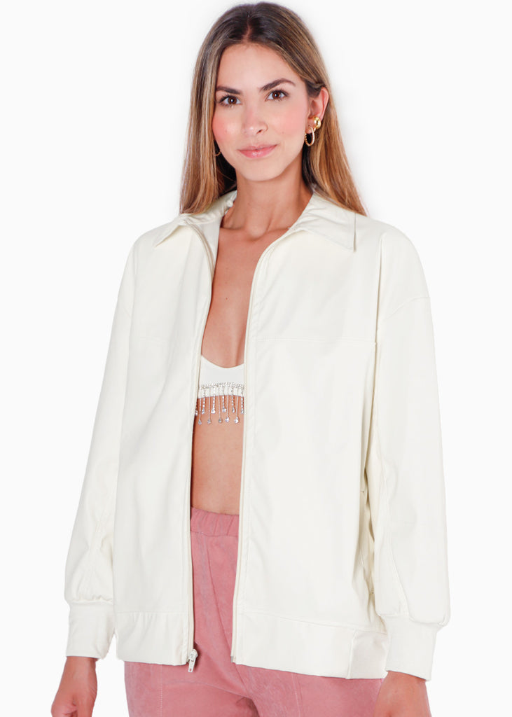 Chaqueta aviadora tipo cuero color blanco, marfil para mujer - Flashy