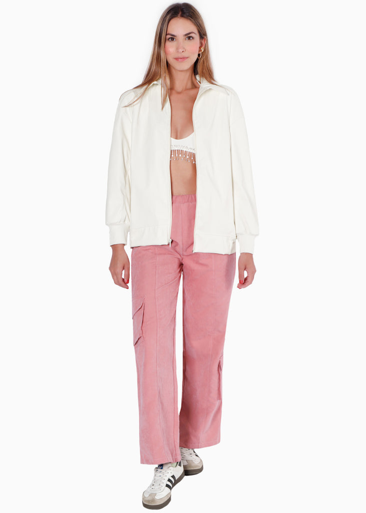 Chaqueta aviadora tipo cuero color blanco, marfil para mujer - Flashy