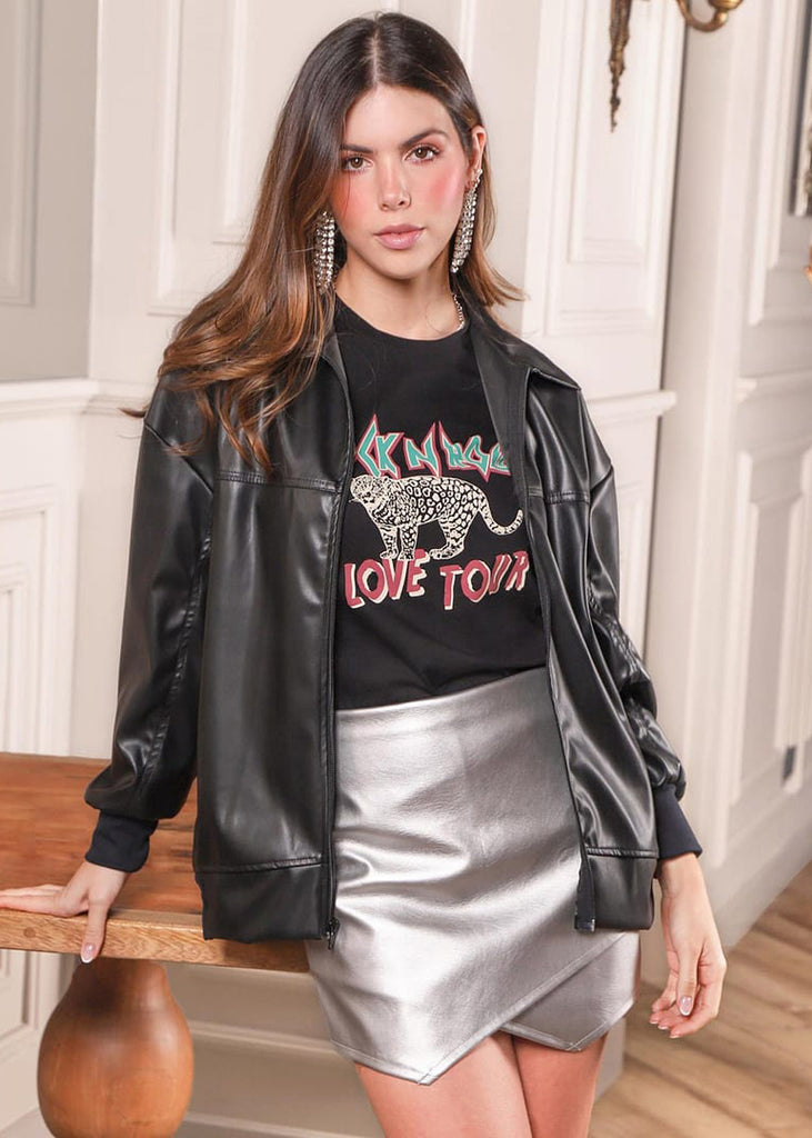 Chaqueta aviadora tipo cuero color negro para mujer - Flashy