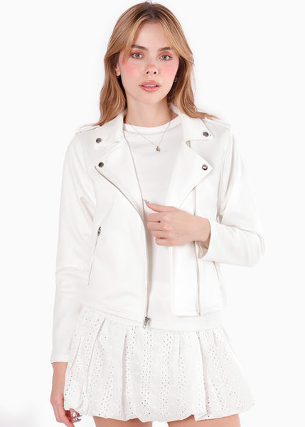 Chaqueta biker tipo gamuza color blanco, marfil para mujer - Flashy