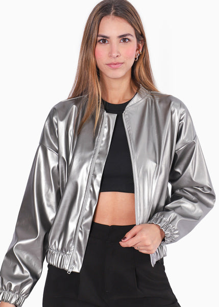 Chaqueta bomber con efecto metalizado color plateado para mujer - Flashy