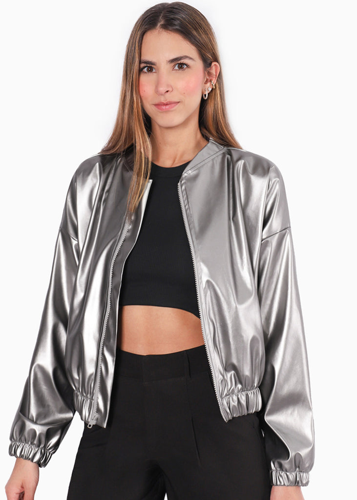 Chaqueta bomber con efecto metalizado color plateado para mujer - Flashy