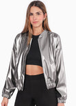 Chaqueta bomber con efecto metalizado color plateado para mujer - Flashy