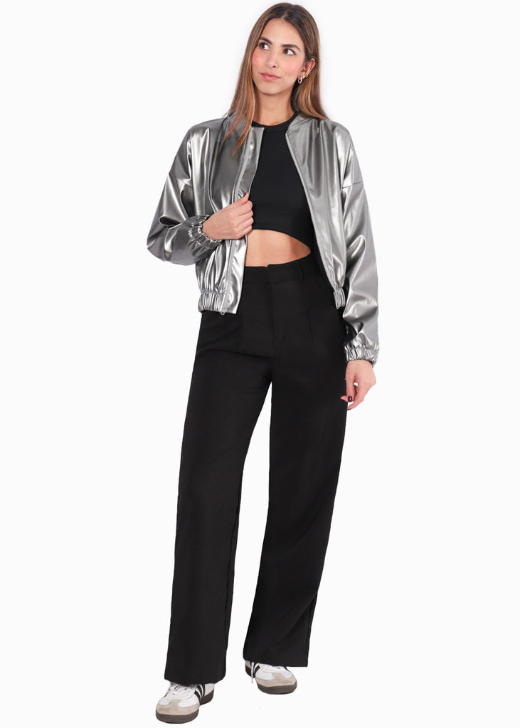 Chaqueta bomber con efecto metalizado color plateado para mujer - Flashy