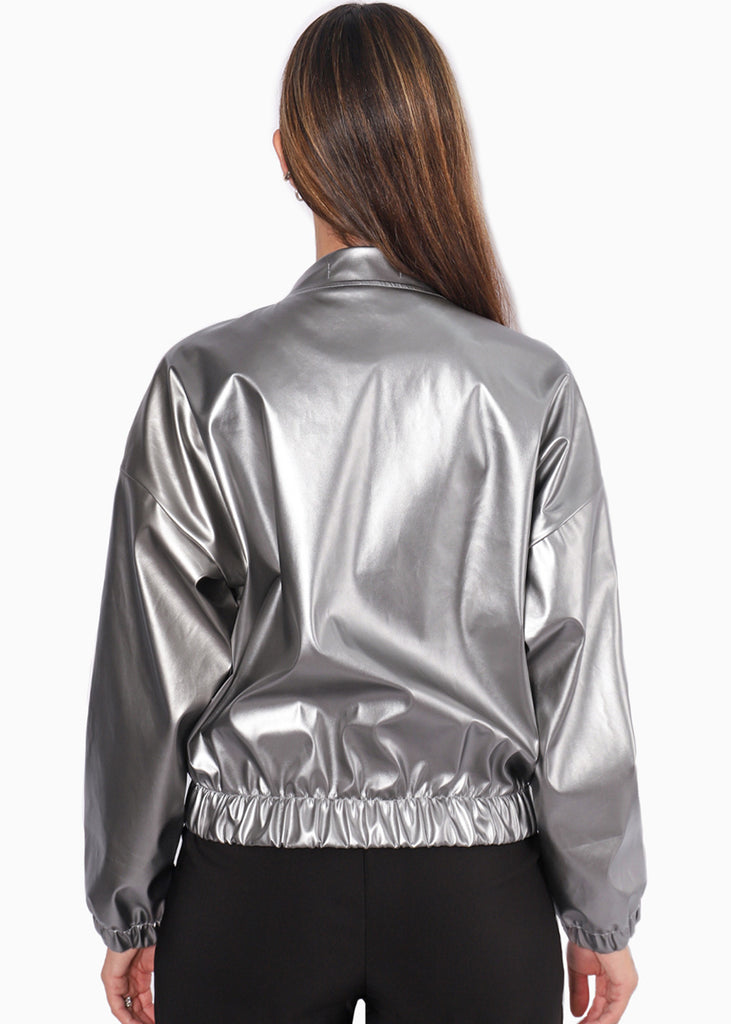 Chaqueta bomber con efecto metalizado color plateado para mujer - Flashy