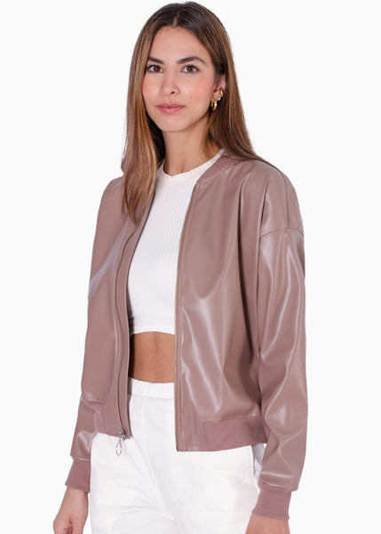 Chaqueta bomber tipo cuero color café para mujer - Flashy