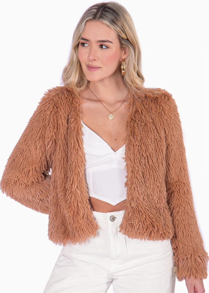 Chaqueta con efecto de pelo sintético color café, camel para mujer - Flashy