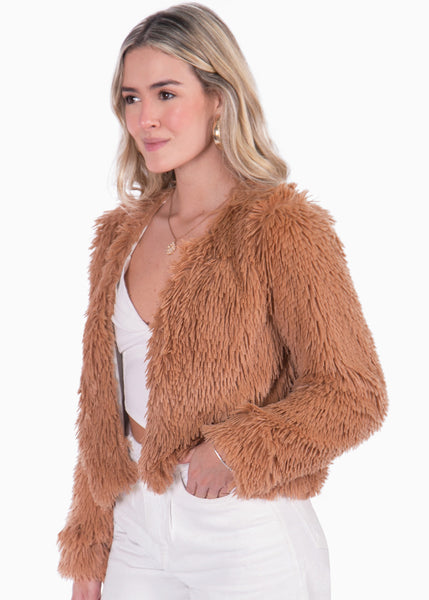 Chaqueta con efecto de pelo sintético color café, camel para mujer - Flashy