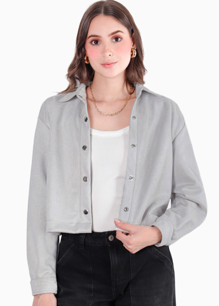 Chaqueta corta tipo gamuza color gris para mujer - Flashy