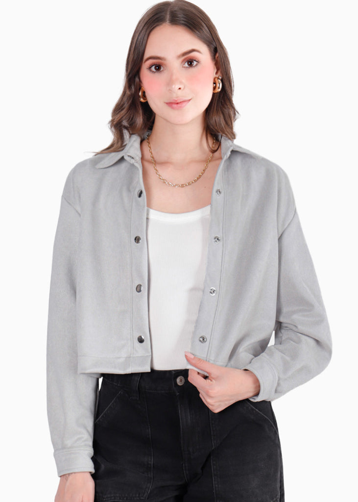 Chaqueta corta tipo gamuza color gris para mujer - Flashy